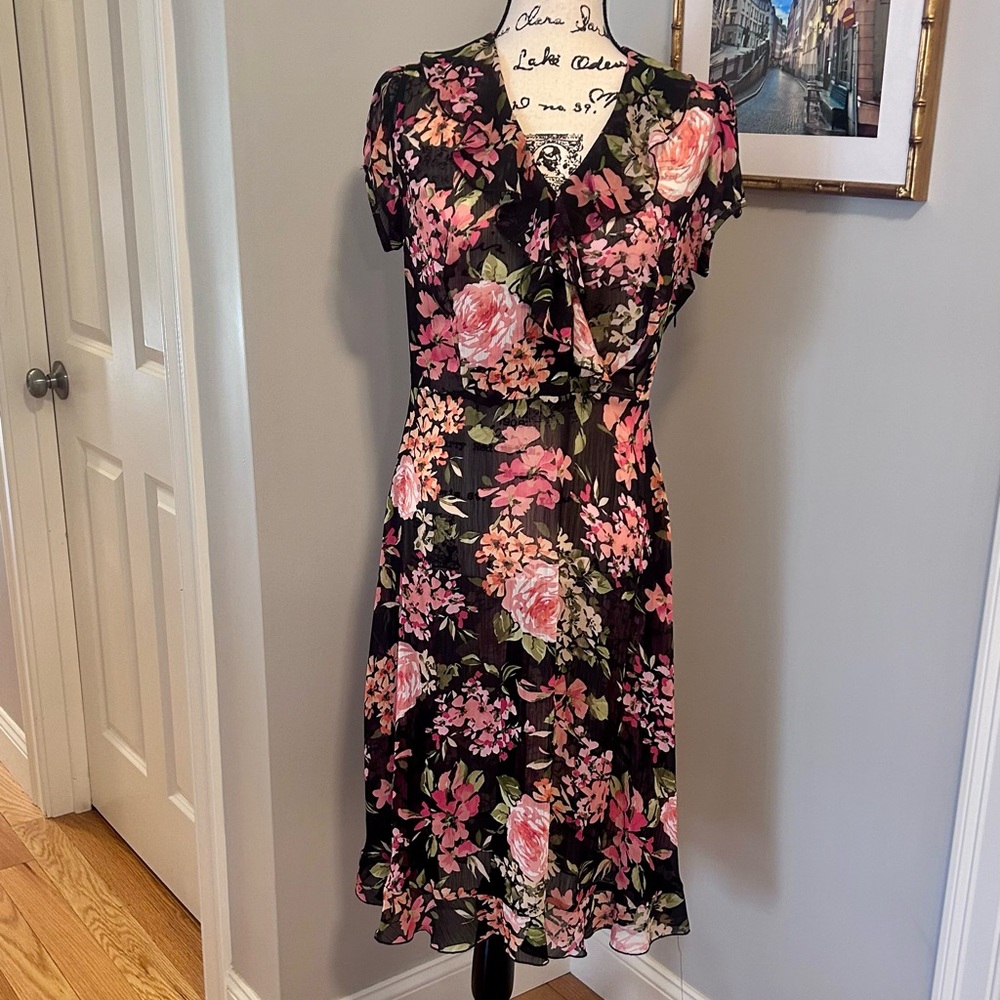 MSK Black and Pink Floral Midi Dress
